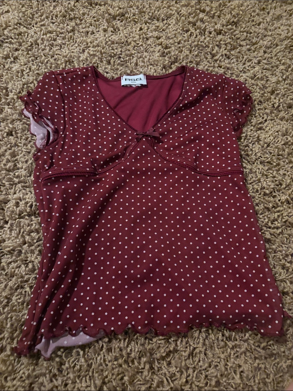 RSQ Burgundy Polka Dot Short Sleeve V-Neck Top